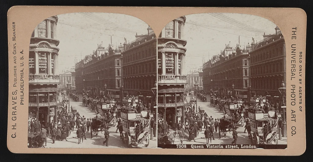 Queen Victoria Street, London, 1900. Geschäftliches Herz der City of London zur viktorianischen Zeit.
